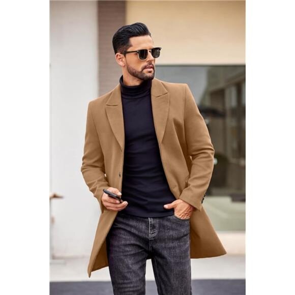 Men's Wool Blend Coat with Detachable Plaid Scarfs Coffee - Picture 5 of 6